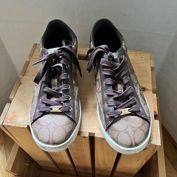 Coach Size 9.5 Khaki Mahogany C126 Low Top Signature Coated Canvas Sneaker Shoes - Picture 10 of 16